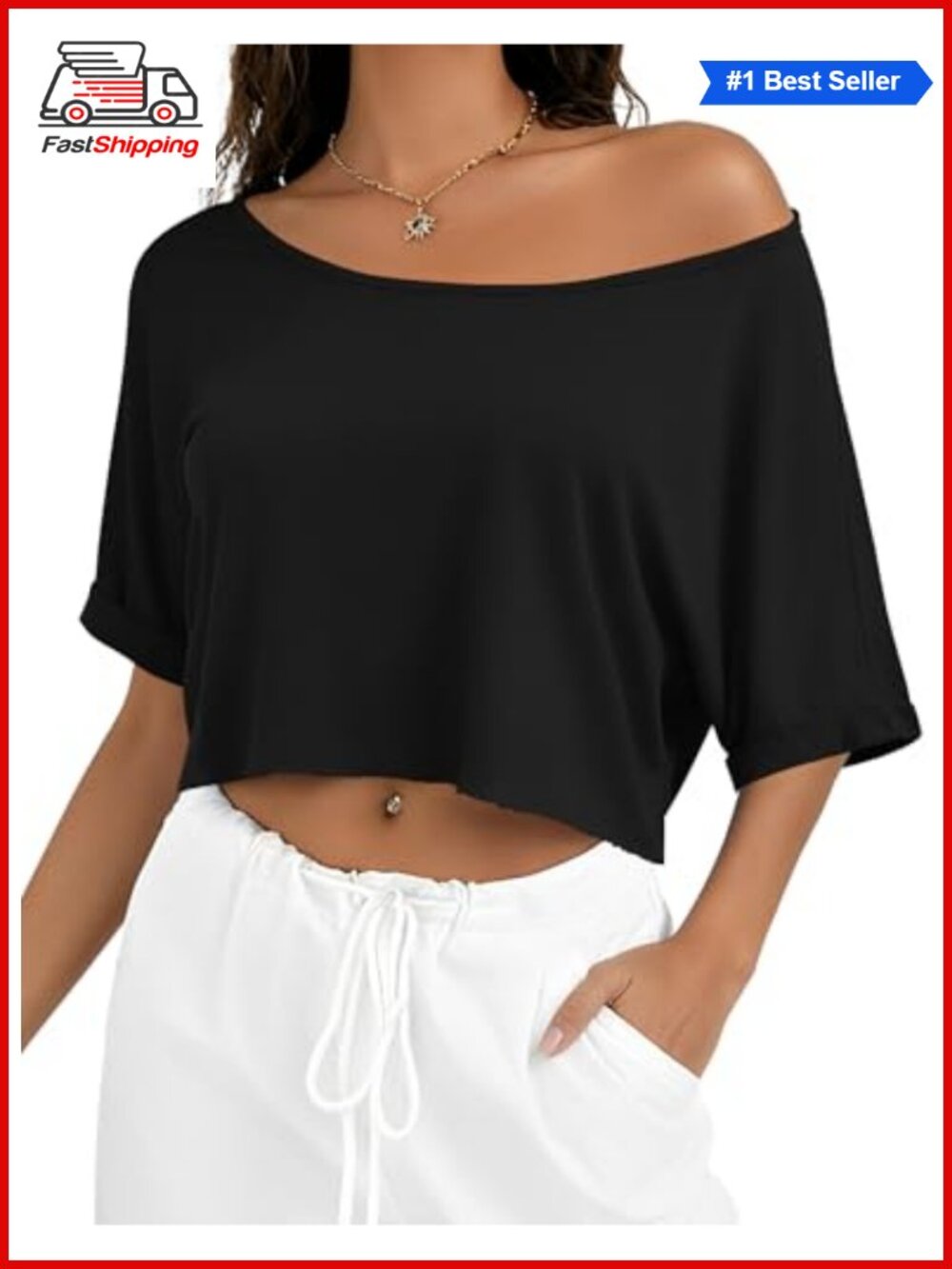 Off Shoulder Crop Top Asymmetrical Neck Short Sleeve Going Out Tee